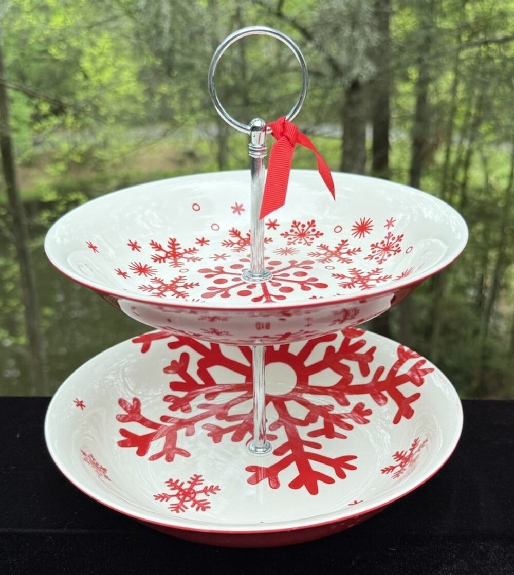 2 Tiered Christmas Hallmark Snowflake Serving Stand Red & White Mint!